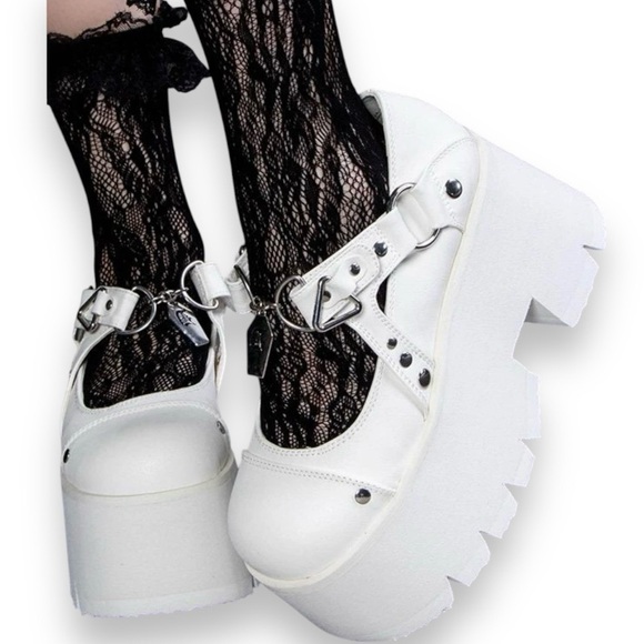 Demonia Ashes 33 Mary Jane Platforms Flatforms White Silver Size 9 - Picture 3 of 13